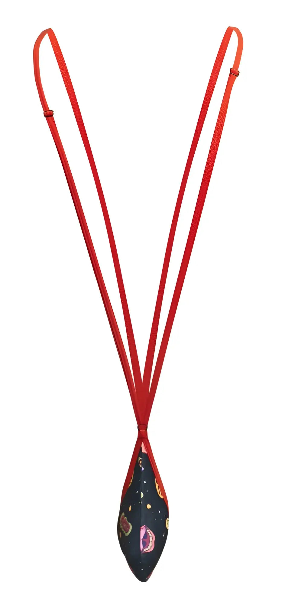 A vibrant red corded necklace with a teardrop navy fabric pendant featuring colorful paisley and star patterns from JUSTIN+SIMON XSJ04 Sling Color Psycodelic