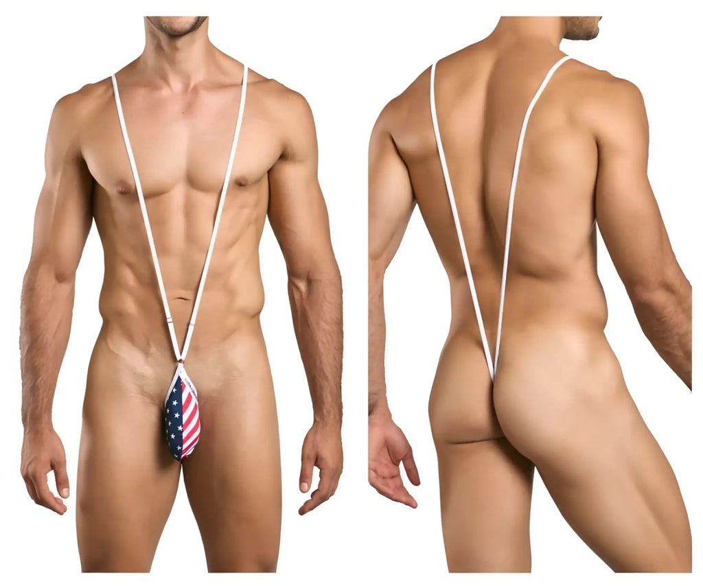 Men’s thong with american flag print front pouch and white string straps justin simon xsj04 sling usa flag