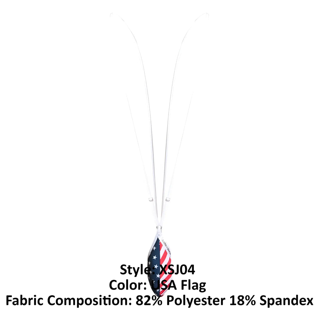A white justin+simon xsj04 sling with a usa flag teardrop pendant made of 82% polyester and 18% spandex