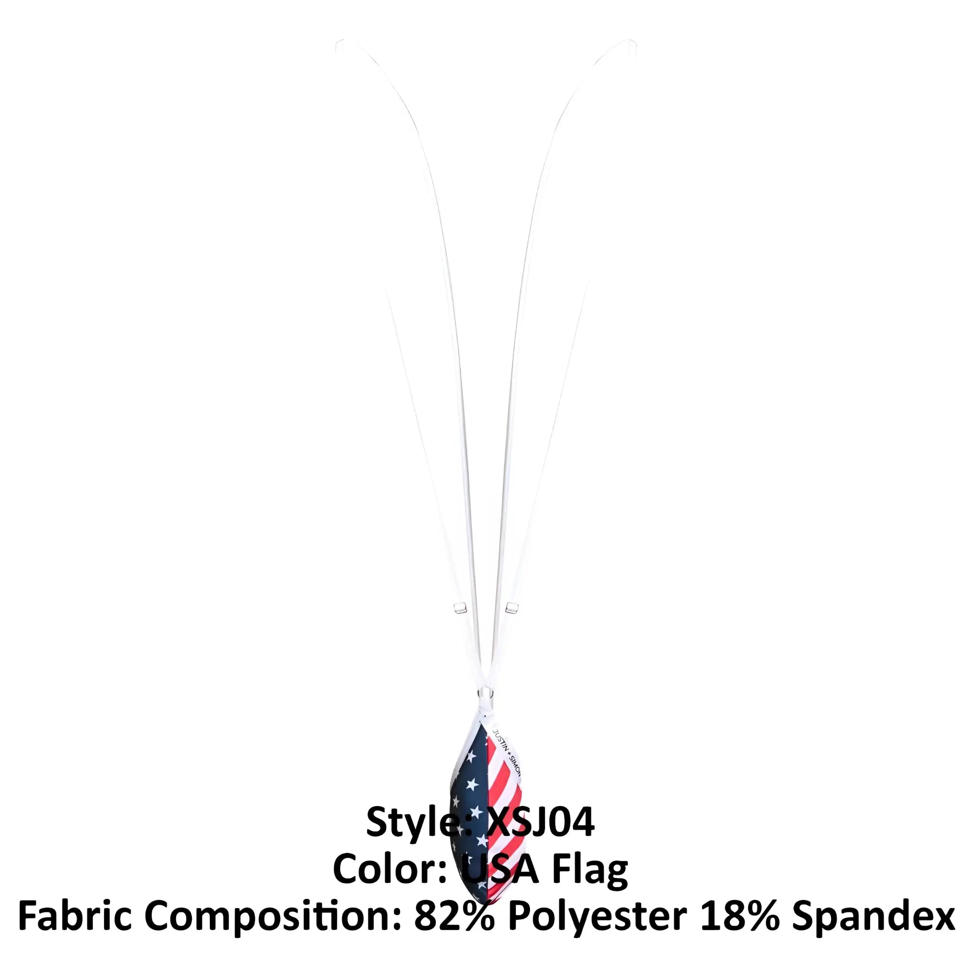 A white justin+simon xsj04 sling with a usa flag teardrop pendant made of 82% polyester and 18% spandex