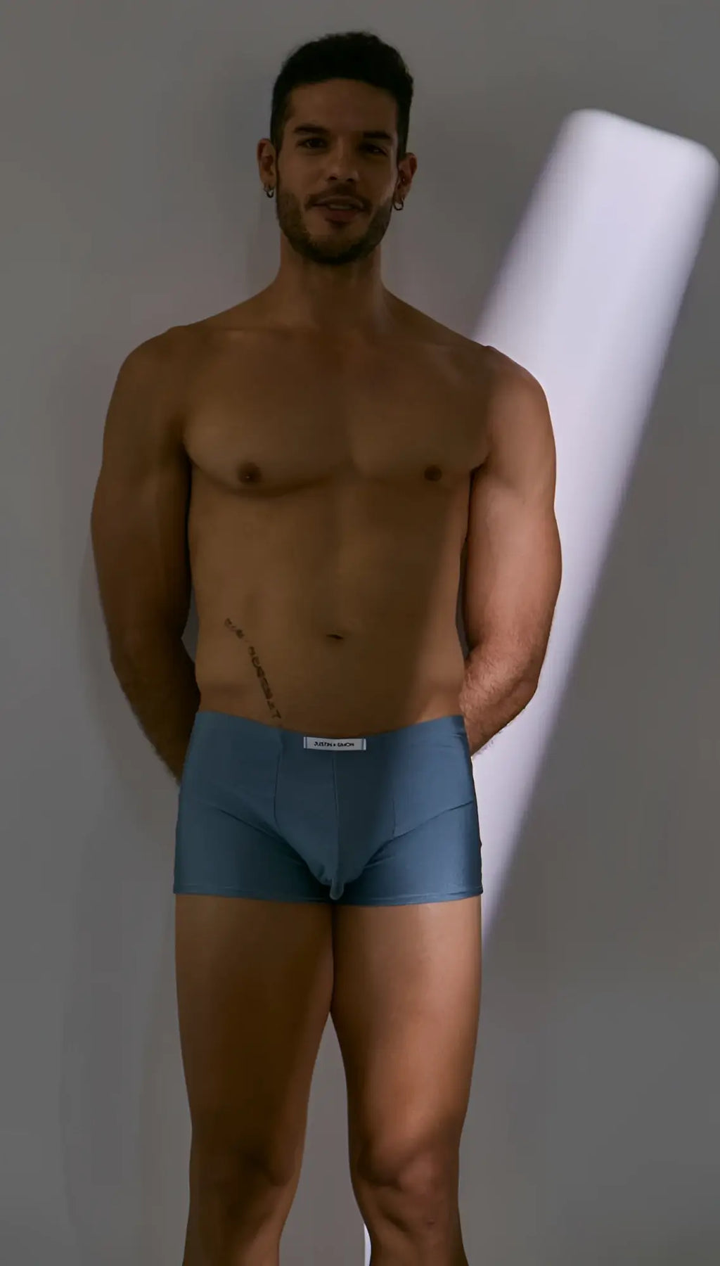 Blue men’s boxer briefs justin simon xsj08 classic metal green with white label at the waistband