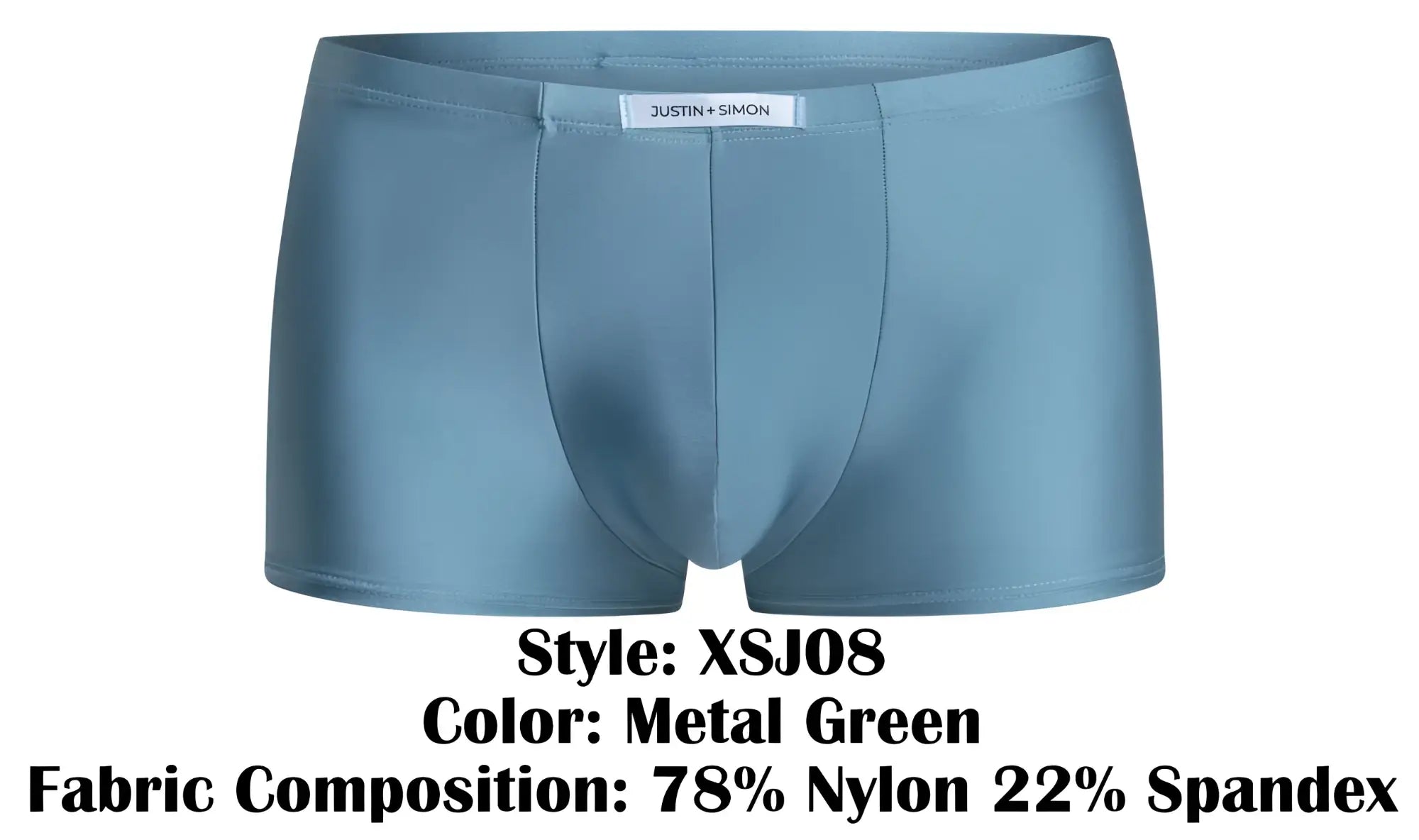 Metal green boxer briefs by justin and simon made of 78 nylon and 22 spandex for comfortable wear