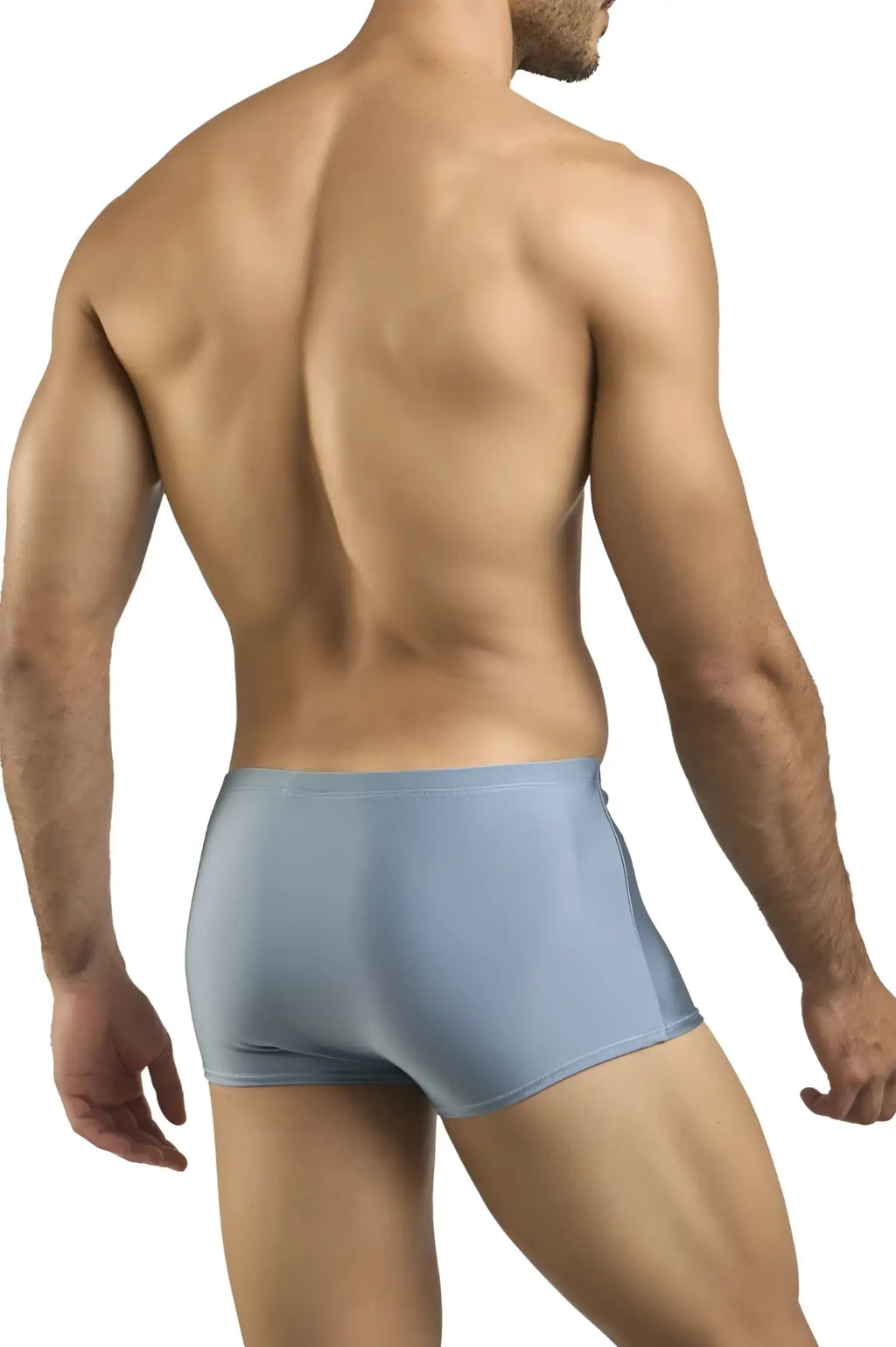 Light blue form-fitting men’s briefs with smooth fabric finish from Justin Simon classic boxer metal green collection