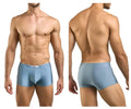 Light blue satin briefs with white brand tag at waistband from justin simon xsj08 classic boxer metal green collection