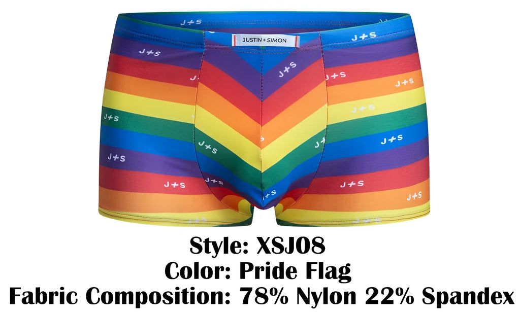 Justin simon xsj08 classic boxer rainbow striped pride flag colorway with j plus s logo pattern on fabric