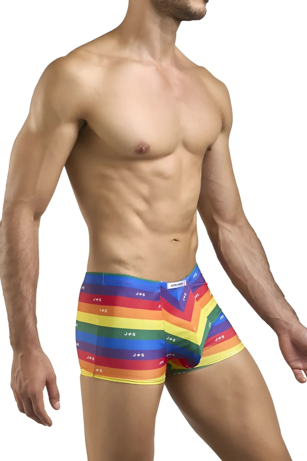 Justin simon xsj08 classic boxer briefs with rainbow chevron stripes and repeating js logo in pride flag colors