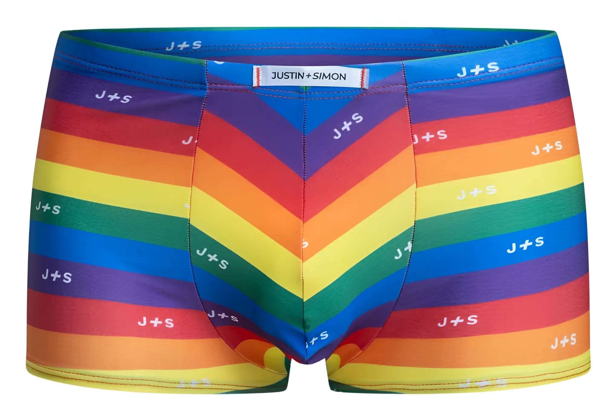 Justin+simon classic boxer briefs in rainbow pride colors with chevron pattern and repeating j+s logo