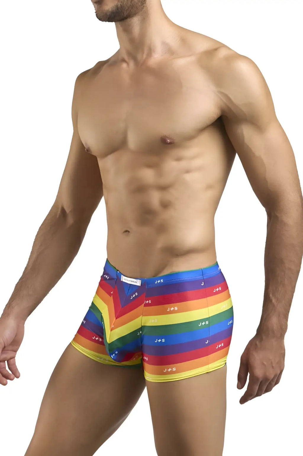 Justin+Simon XSJ08 classic men’s boxer briefs in rainbow chevron pattern with repeating j+g logo for pride flag support