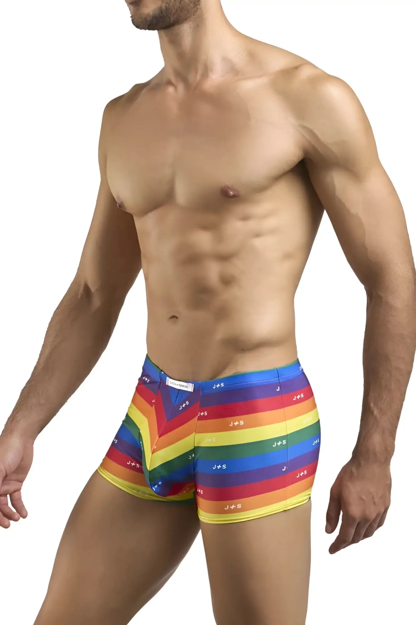 Justin+Simon XSJ08 classic men’s boxer briefs in rainbow chevron pattern with repeating j+g logo for pride flag support