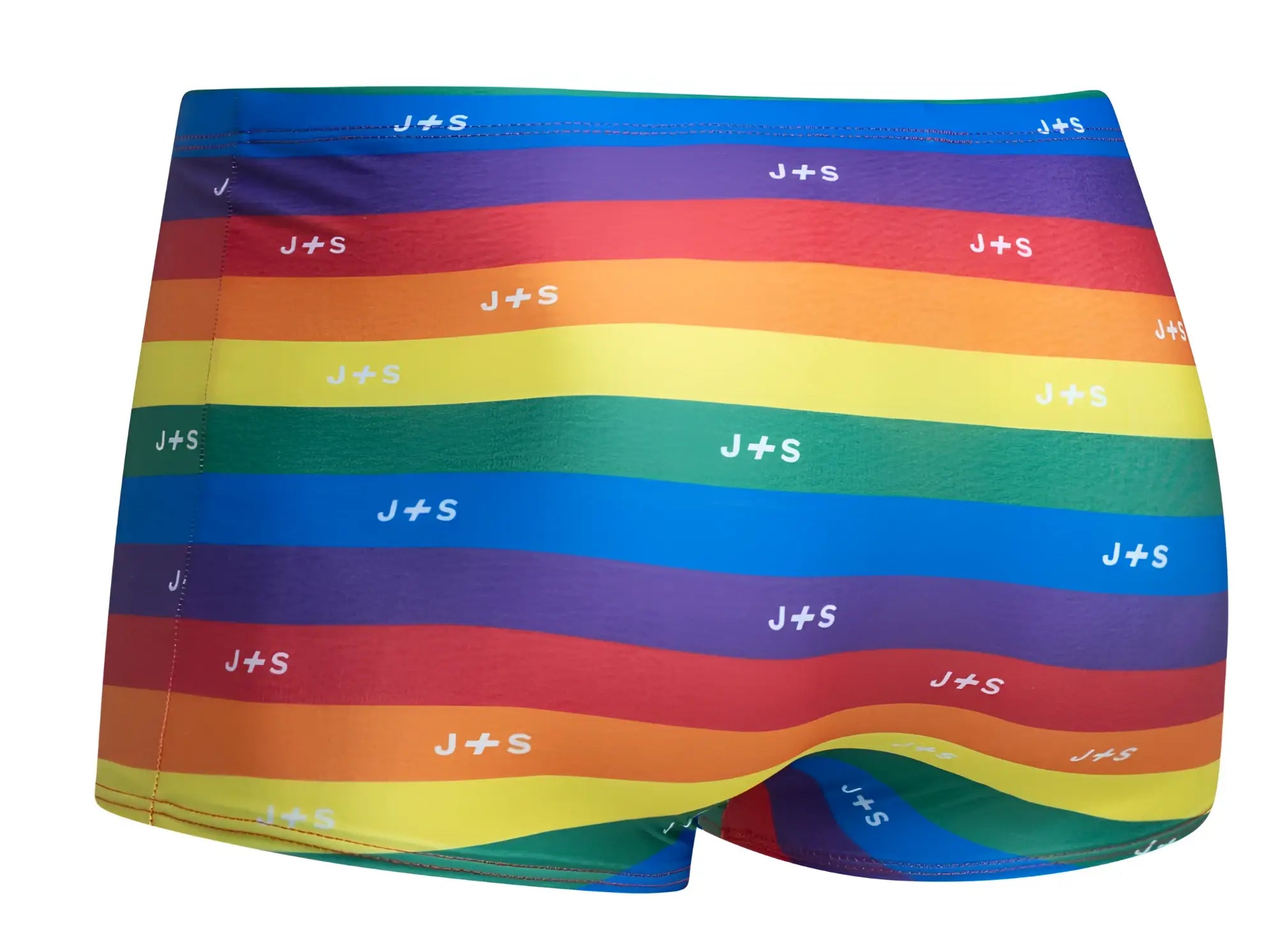 Justin plus simon classic boxer color pride flag rainbow striped men’s boxer briefs with white j plus s logo across stripes