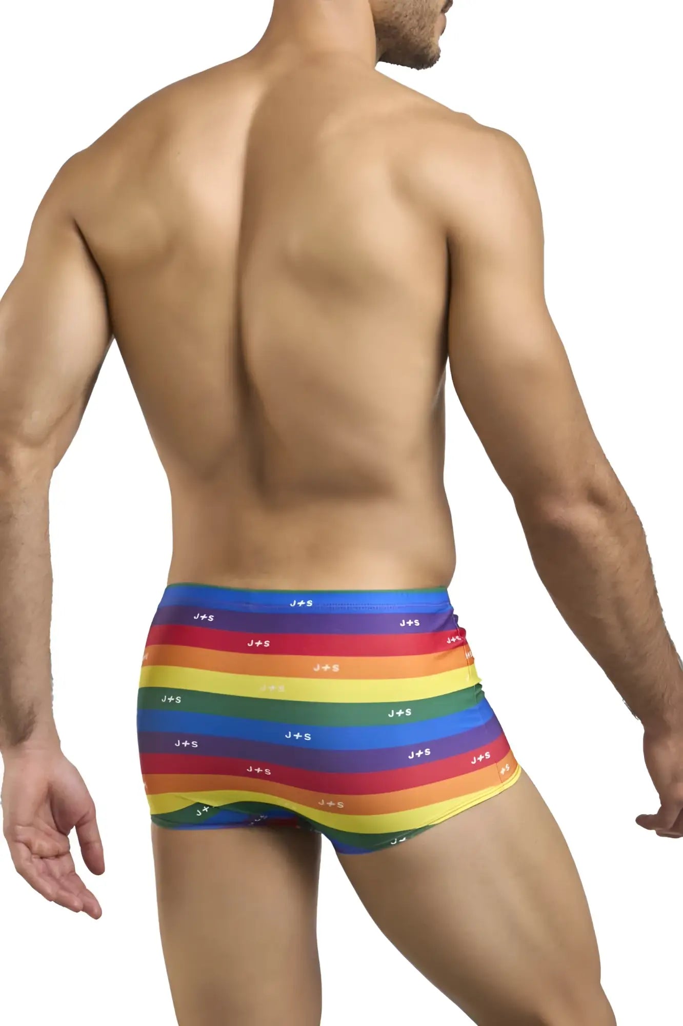 Justin simon xsj08 classic boxer rainbow striped men’s briefs with repeating jds logo in white pride flag colors