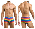 Justin+Simon xsj08 classic men’s rainbow-striped boxer briefs with repeating jes logo pattern and color pride flag design