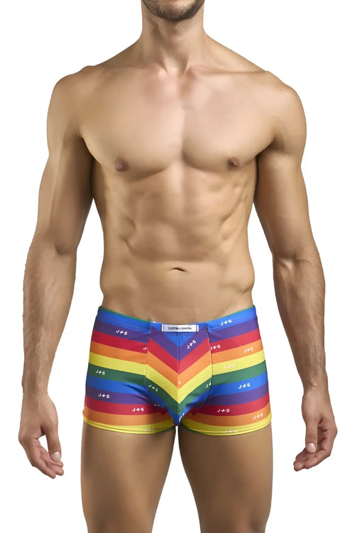 Vibrant rainbow-striped boxer briefs with chevron pattern and repeating j+s logo with elastic waistband by justin simon