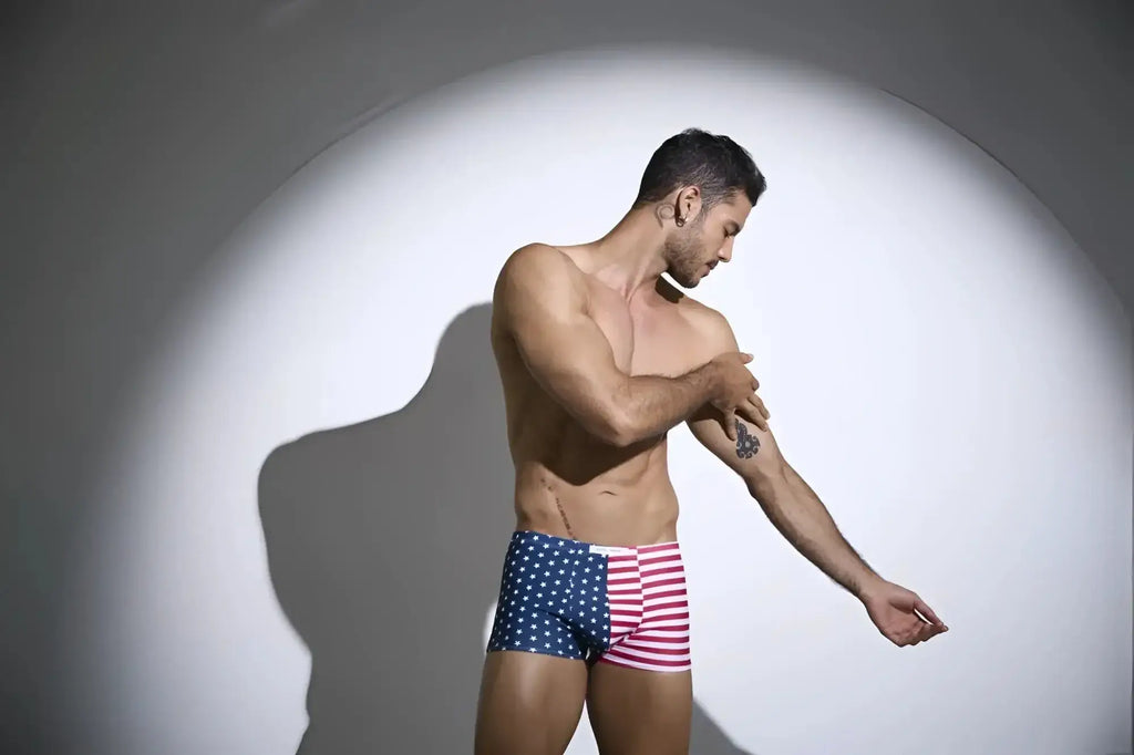 Justin simon xsj08 classic boxer briefs with american flag pattern red and white stripes and blue stars on a cotton blend