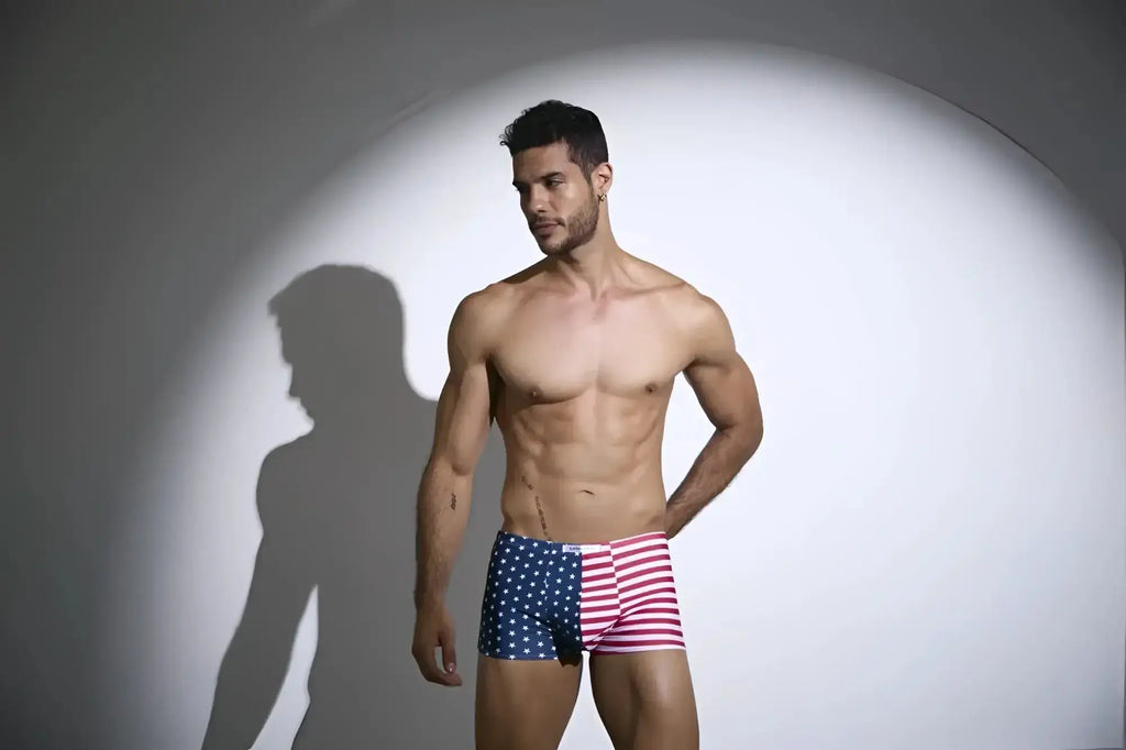 Justin simon xsj08 classic boxer briefs with american flag pattern in red white and blue colors for men