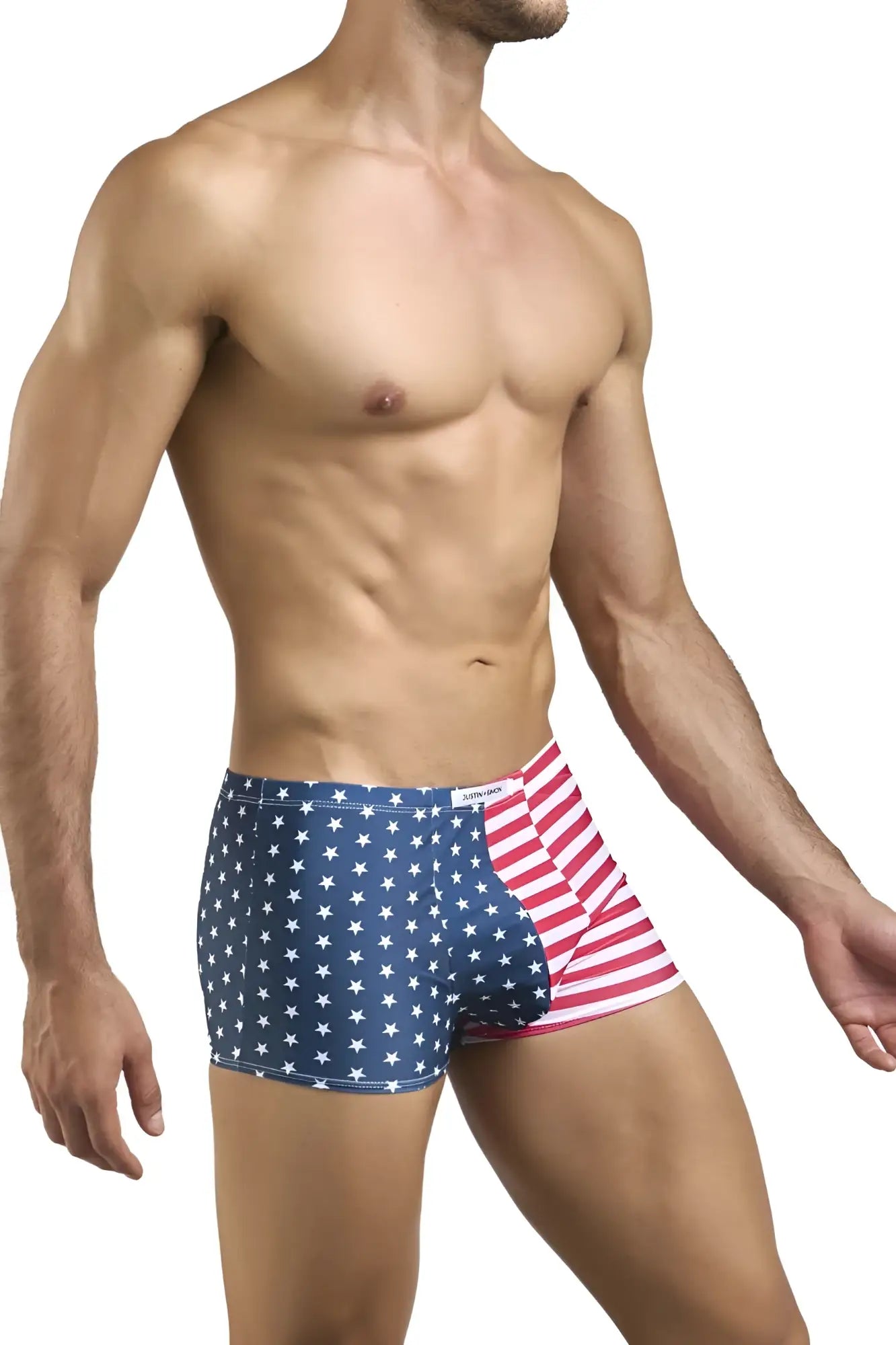 Justin+Simon XSJ08 classic boxer briefs with blue and red stripes and white stars in usa flag split design