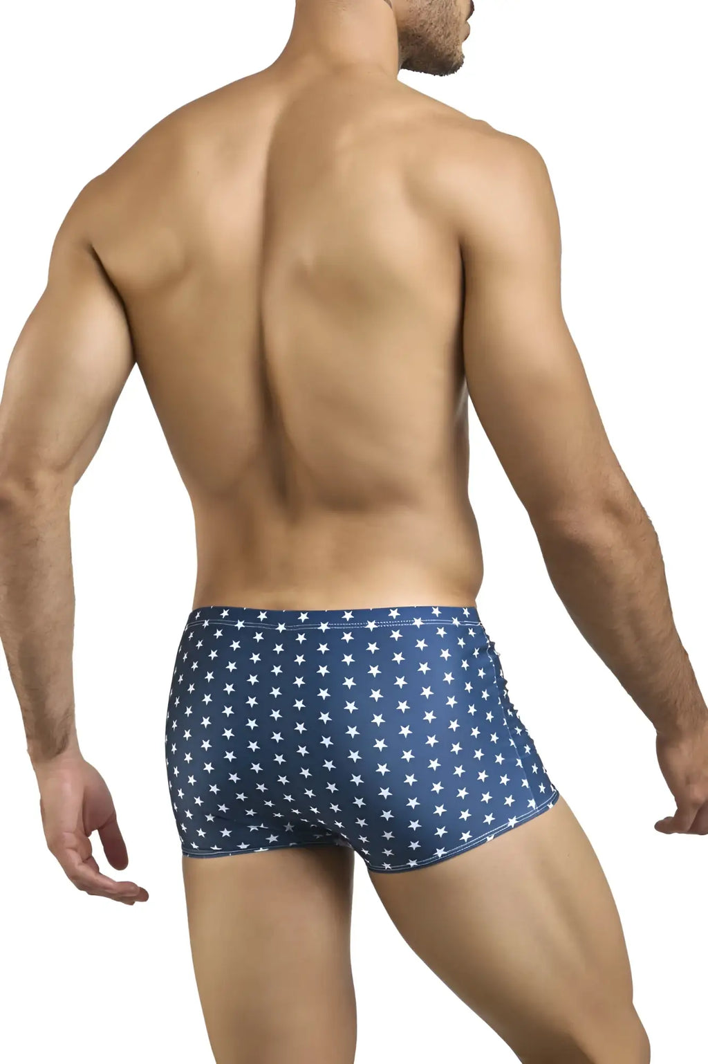 Blue swim trunks justin simon xsj08 classic boxer with white stars pattern and usa flag colors