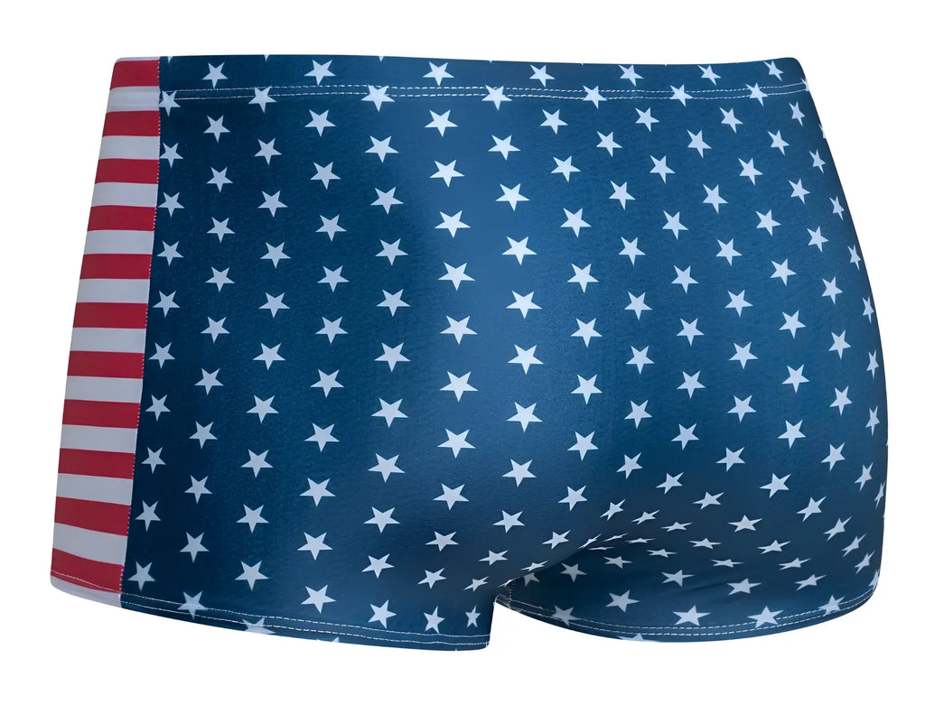 Justin simon xsj08 classic boxer swim trunks in blue with white stars and red and white striped side panel usa flag design