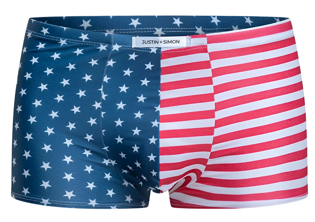 Justin simon xsj08 classic boxer briefs with usa flag split design in navy blue stars and red white stripes