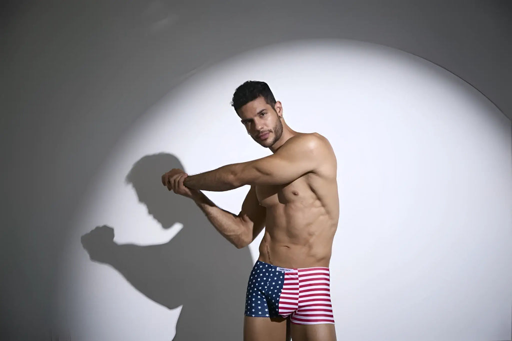 Men’s justin simon xsj08 classic boxer briefs in usa flag design with red white and blue stars and stripes