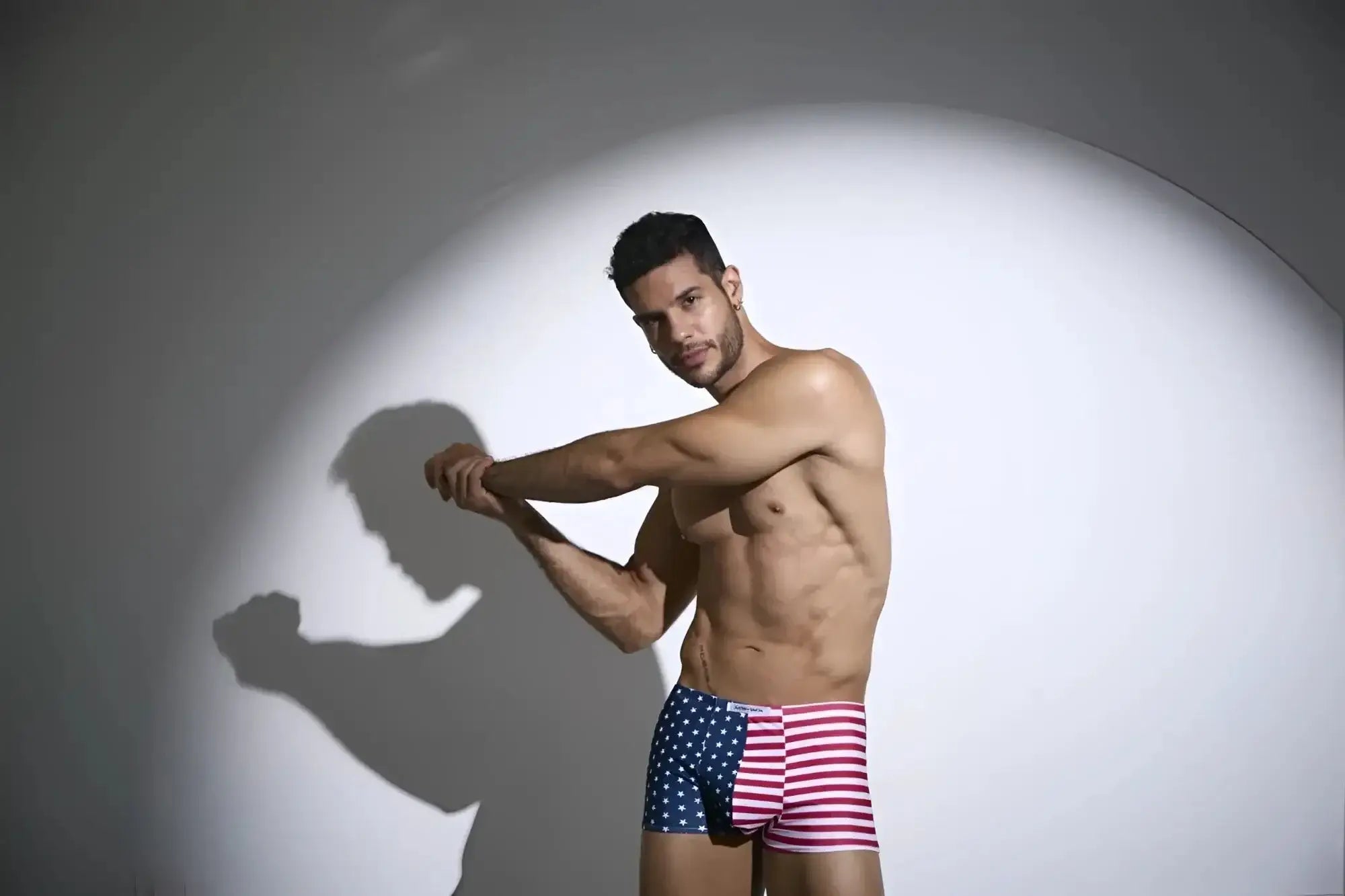 Men’s justin simon xsj08 classic boxer briefs in usa flag design with red white and blue stars and stripes