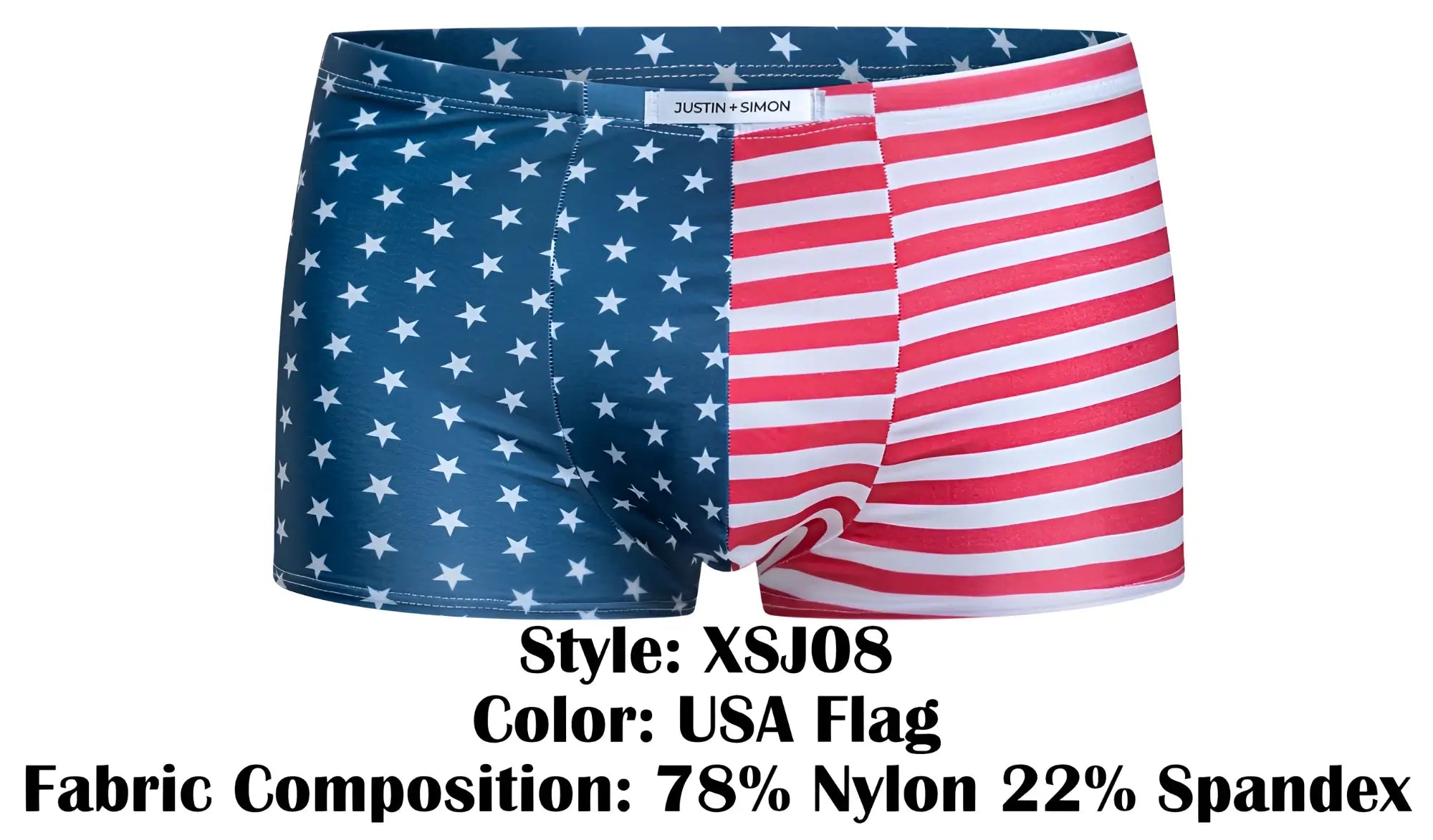 JustinSimon XSJ08 classic boxer briefs with USA flag pattern blue stars left and red white stripes right made of nylon spandex
