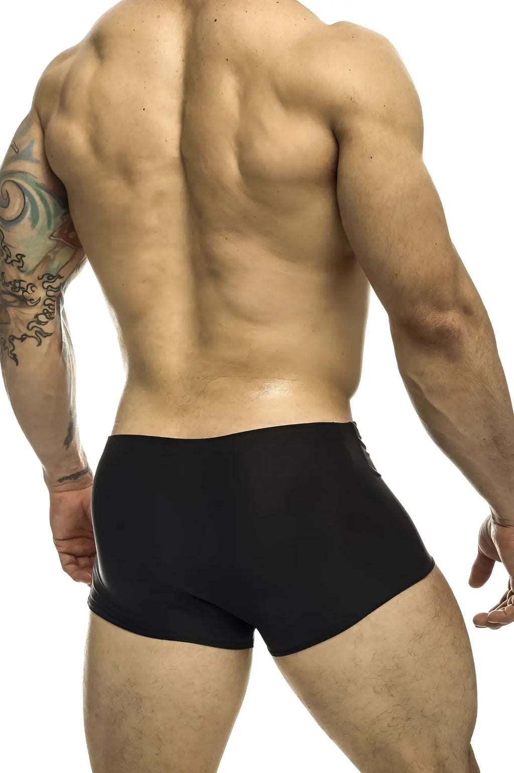 Justin Simon XSJ08 classic trunks in black featuring smooth form-fitting material for athletic use