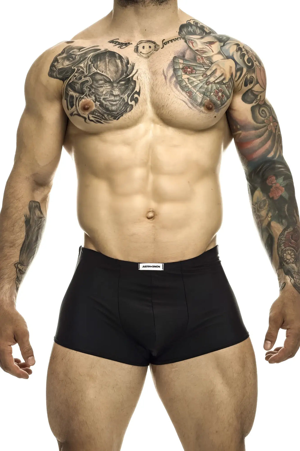 Black men’s briefs justin simon xsj08 classic trunks in black with a white brand label on the waistband