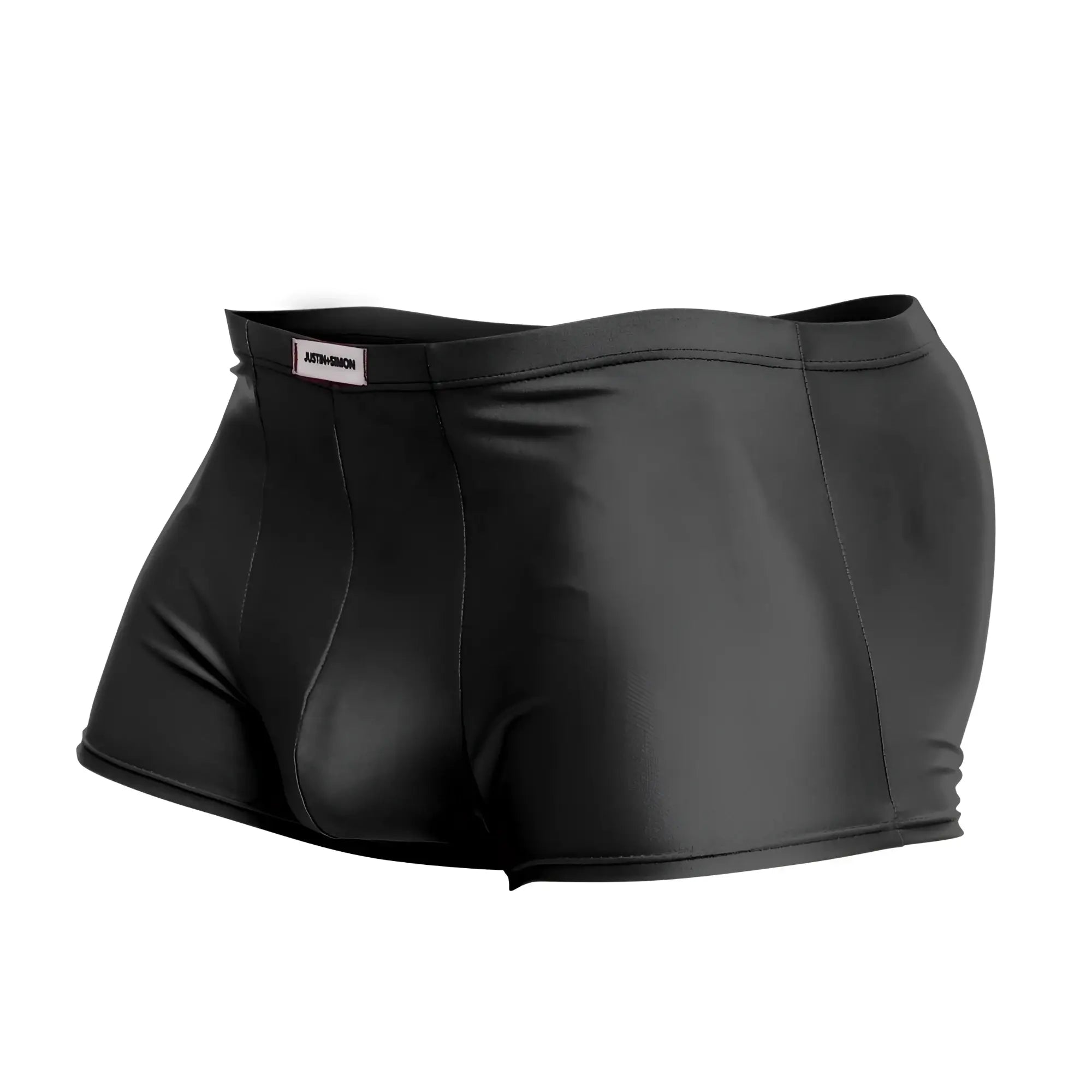 Justin+Simon xsj08 classic trunks in black shiny smooth material with a subtle waistband label for men