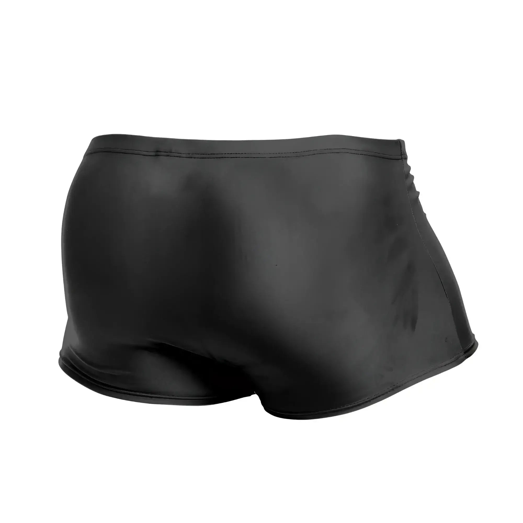 Justin Simon XSJ08 classic black swim trunks with shiny form-fitting smooth glossy finish designed for swimming