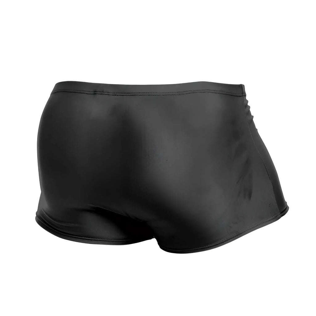 Justin Simon XSJ08 classic black swim trunks with shiny form-fitting smooth glossy finish designed for swimming