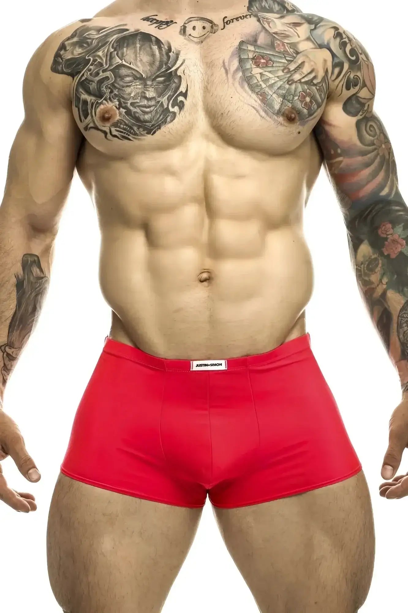 Justin simon xsj08 classic coral red athletic briefs with white brand tag on the waistband