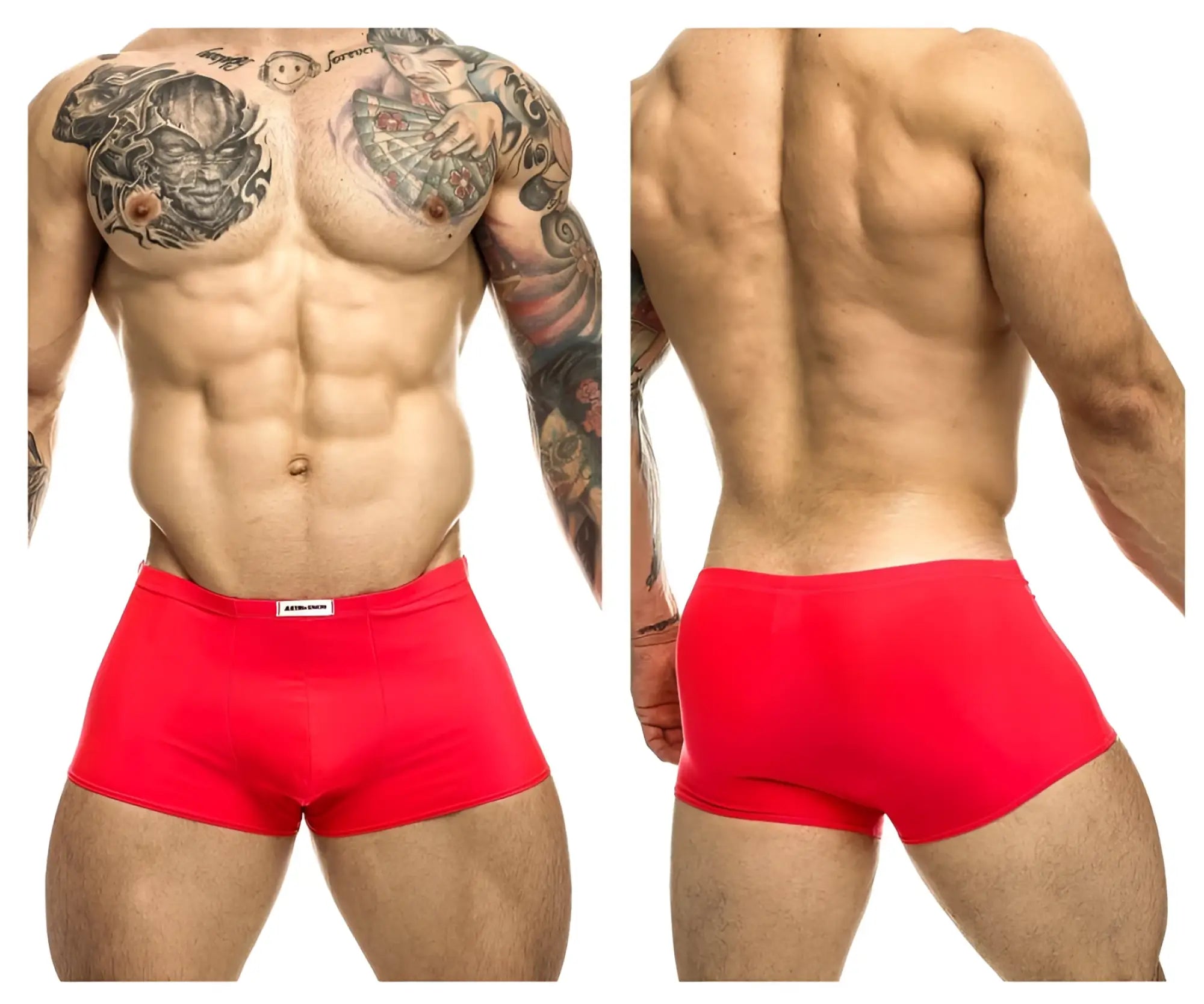 Bright red form-fitting boxer briefs with small white justin simon brand tag at waistband classic trunks coral color
