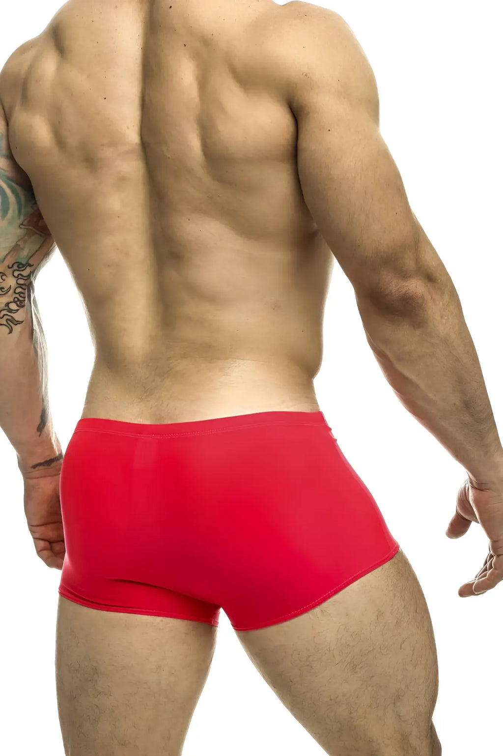 Red athletic briefs justin simon xsj08 classic trunks in coral with smooth form fitting fabric visible from front view