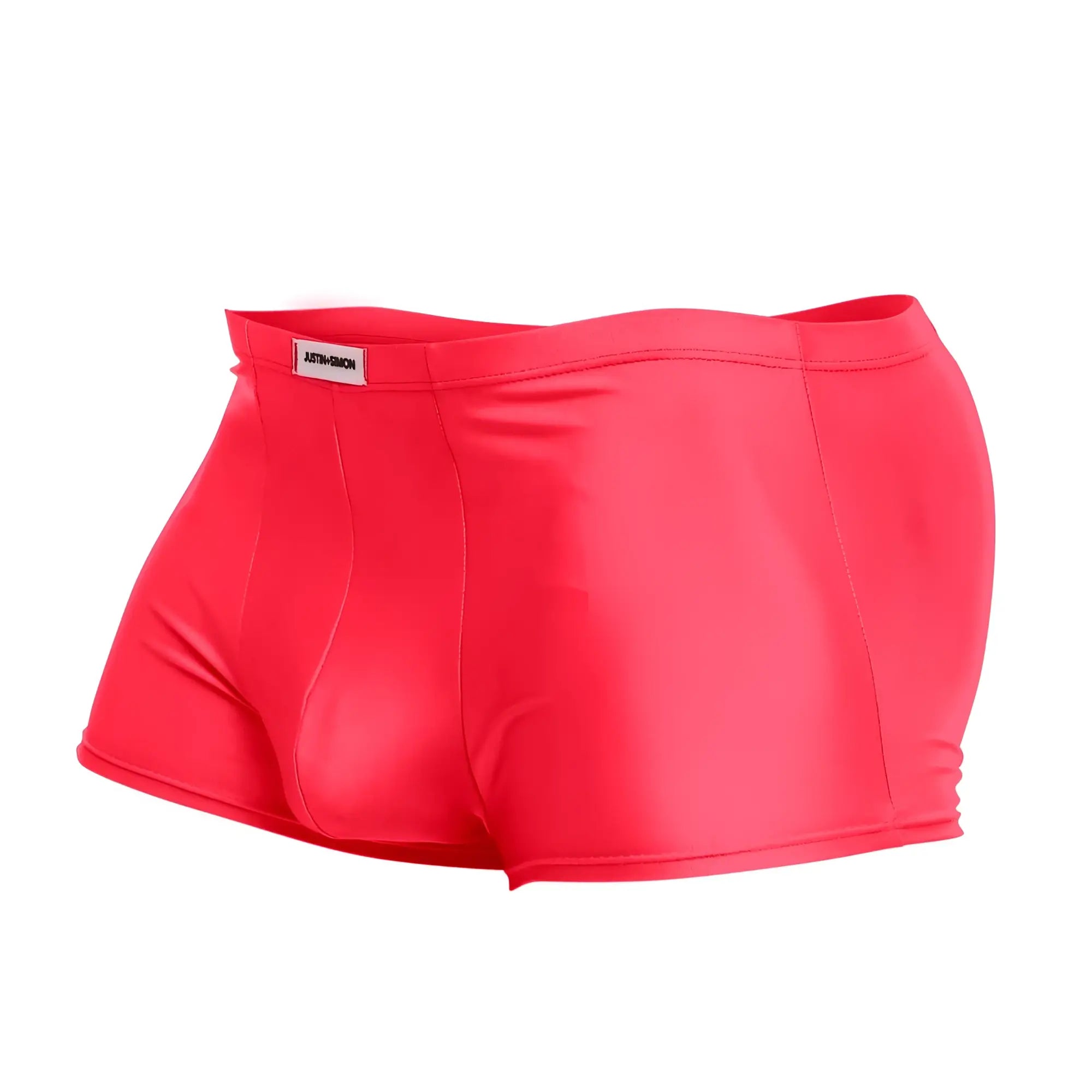 Vibrant red glossy finish men’s briefs with sleek form fitting design and branded waistband in justin+simon xsj08 coral