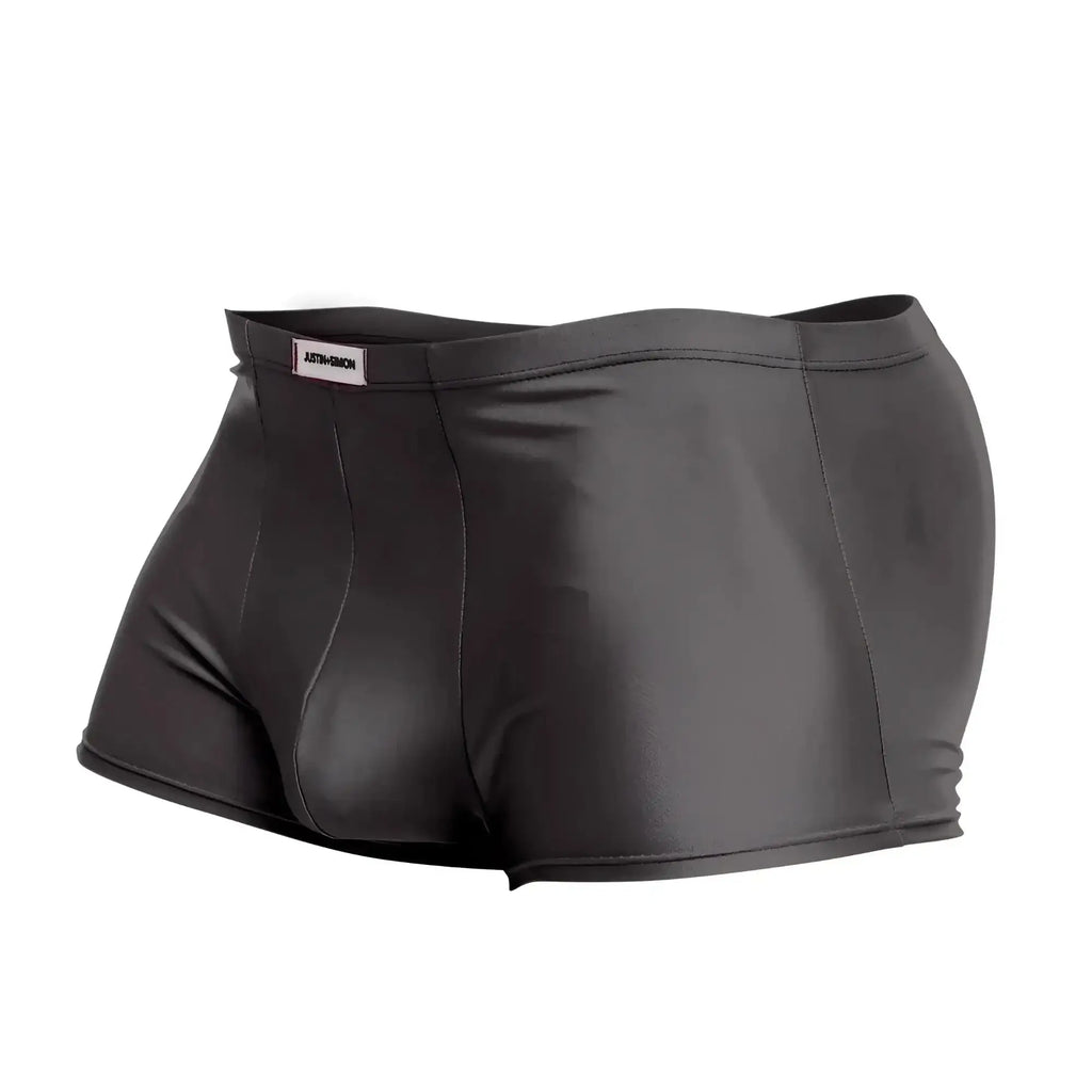 Justin simon xsj08 classic trunks gray shiny faux leather briefs with sleek form-fitting design and branded waistband