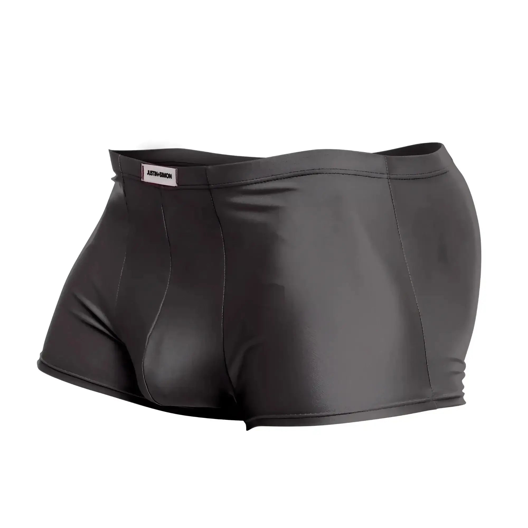 Justin simon xsj08 classic trunks gray shiny faux leather briefs with sleek form-fitting design and branded waistband
