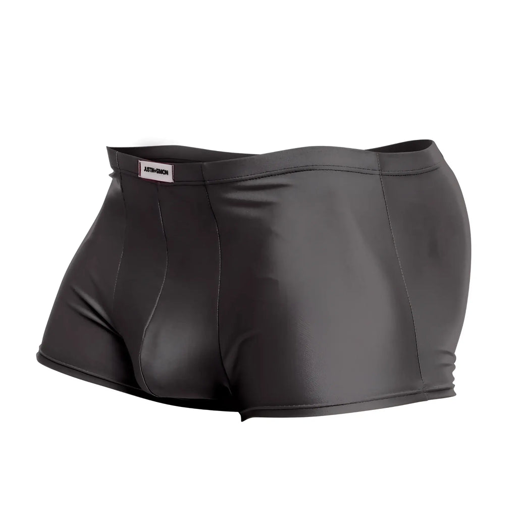 Justin simon xsj08 classic trunks gray shiny faux leather briefs with sleek form-fitting design and branded waistband