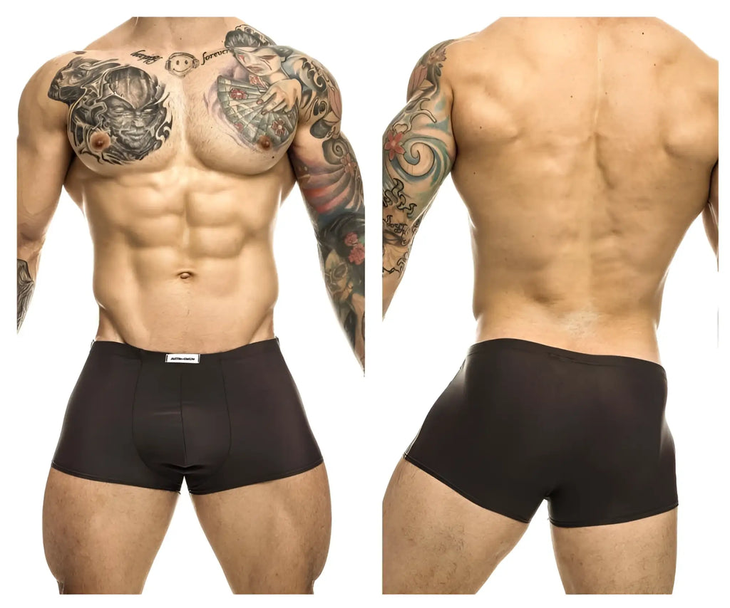 Black justin simon xsj08 classic trunks with a subtle brand tag on the waistband in gray color