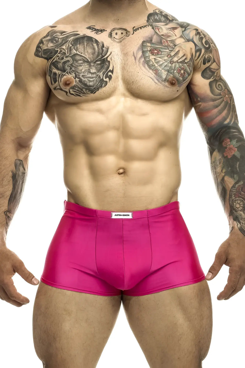 Justin simon xsj08 classic trunks in bright pink shiny fabric briefs with a white brand tag at the waistband