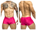 Bright pink shiny fabric briefs with a small white justin simon brand tag at the waistband classic trunks xsj08