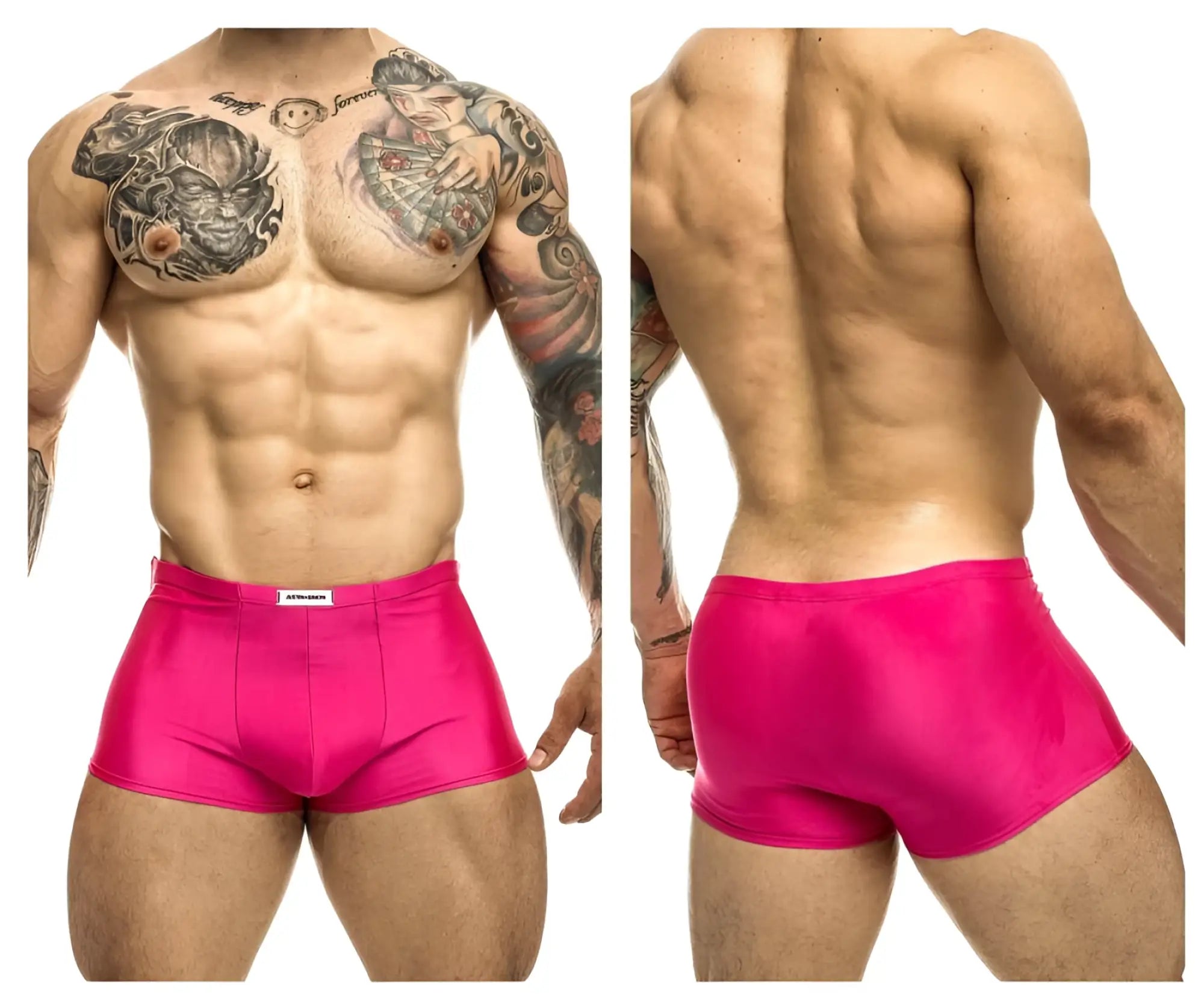 Bright pink shiny fabric briefs with a small white justin simon brand tag at the waistband classic trunks xsj08