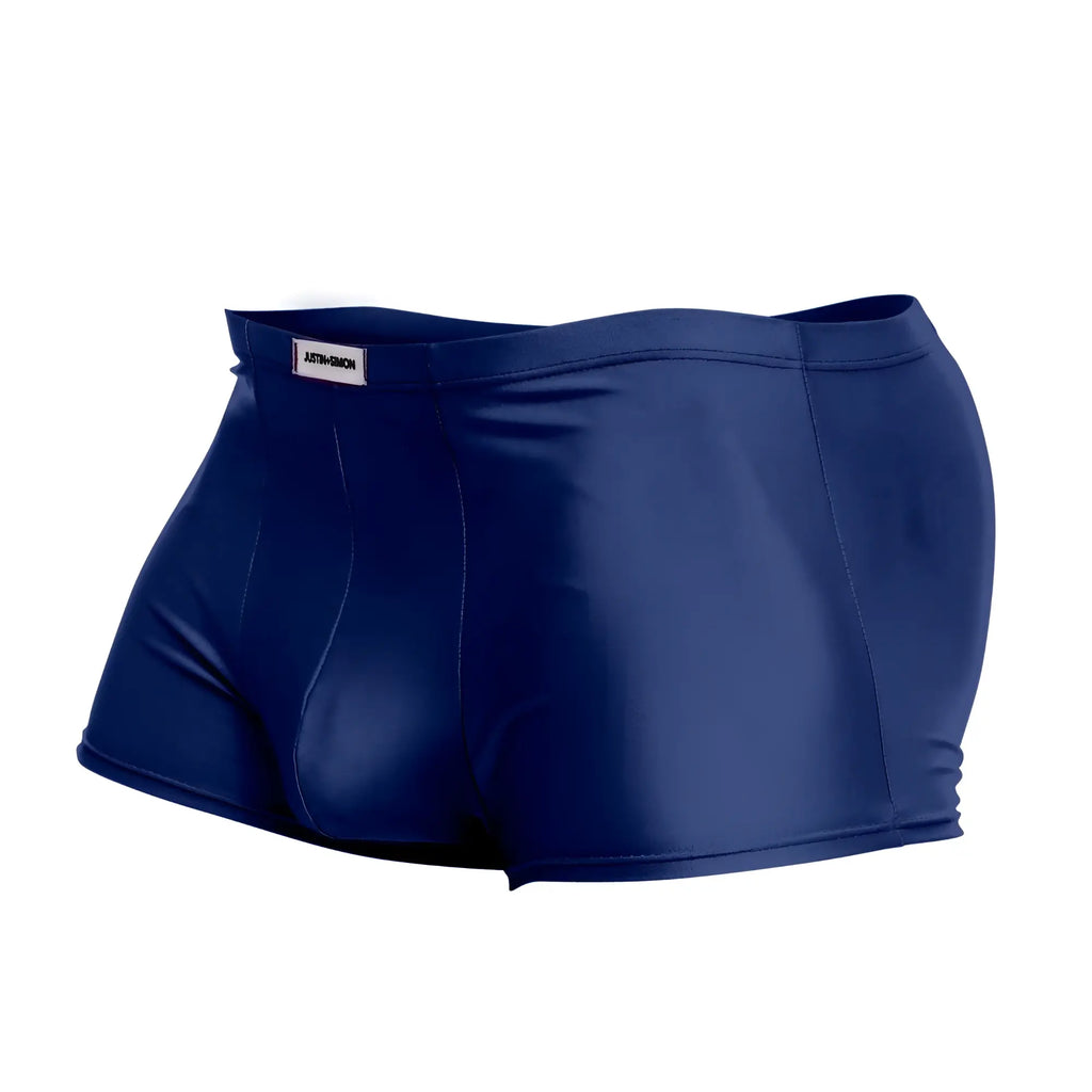 Navy blue shiny fabric briefs with a branded waistband label from Justin Simon classic trunks royal blue collection