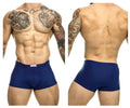 Navy blue justin simon xsj08 classic trunks with a small white brand tag on the waistband in royal blue color