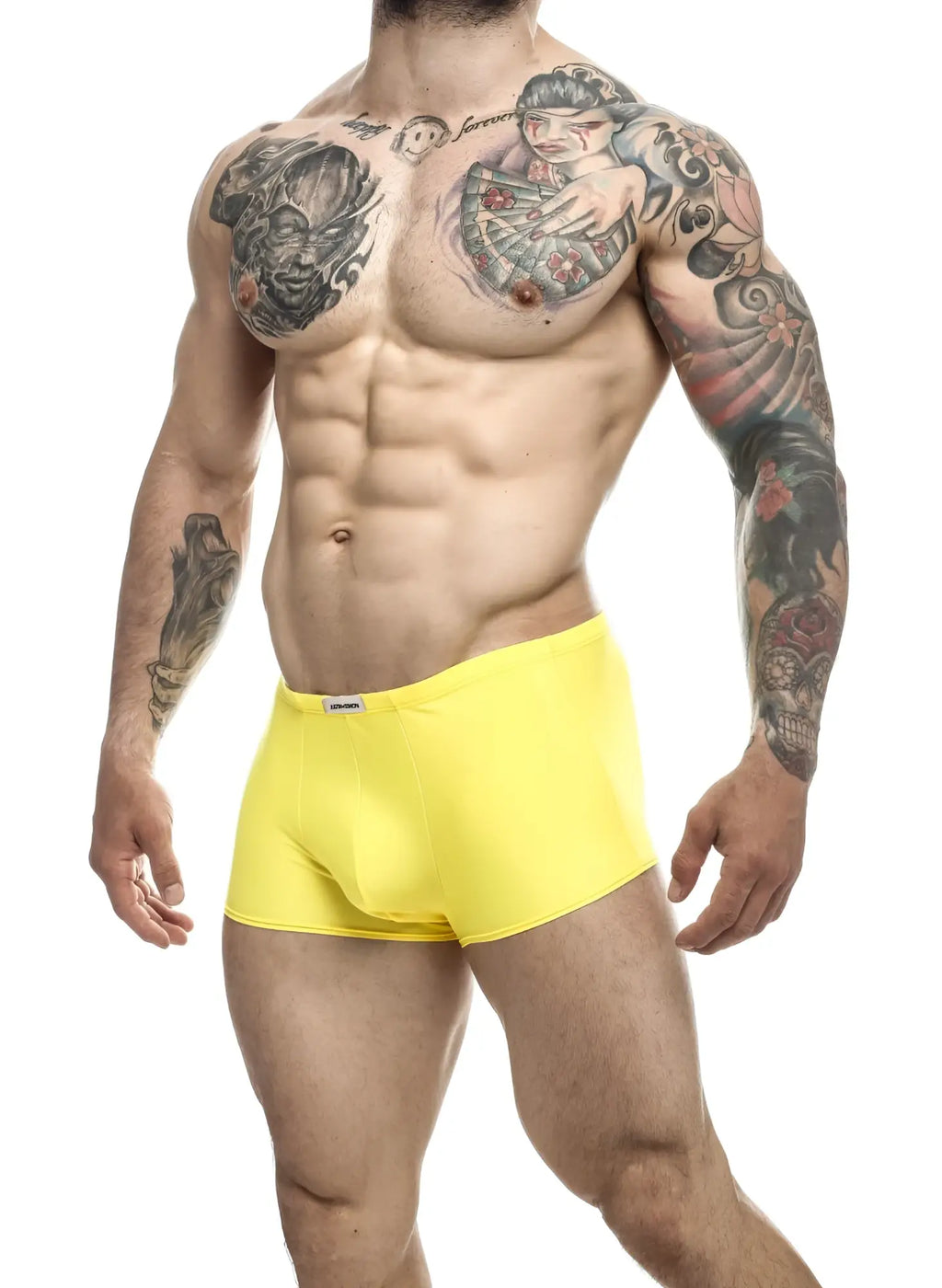 Justin+Simon XSJ08 classic trunks in bright yellow with a snug fit and elastic waistband for athletic use