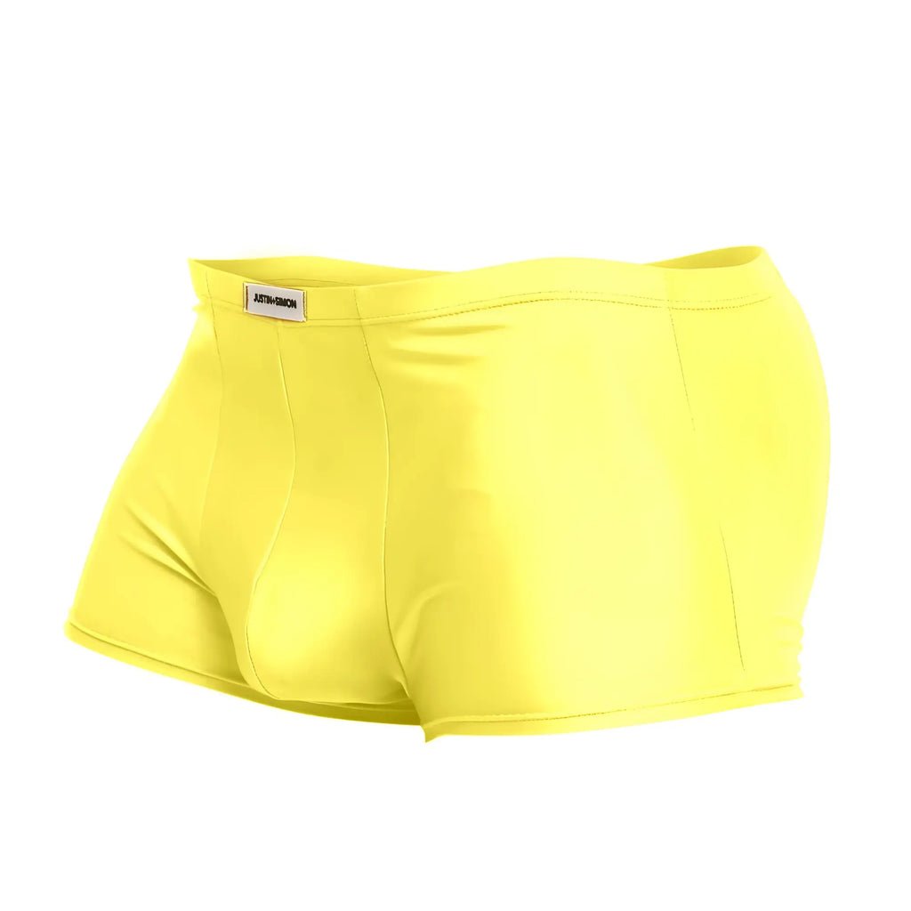 Justin Simon XSJ08 classic trunks in bright yellow with sleek-fitting smooth stretchy fabric and subtle waistband brand tag