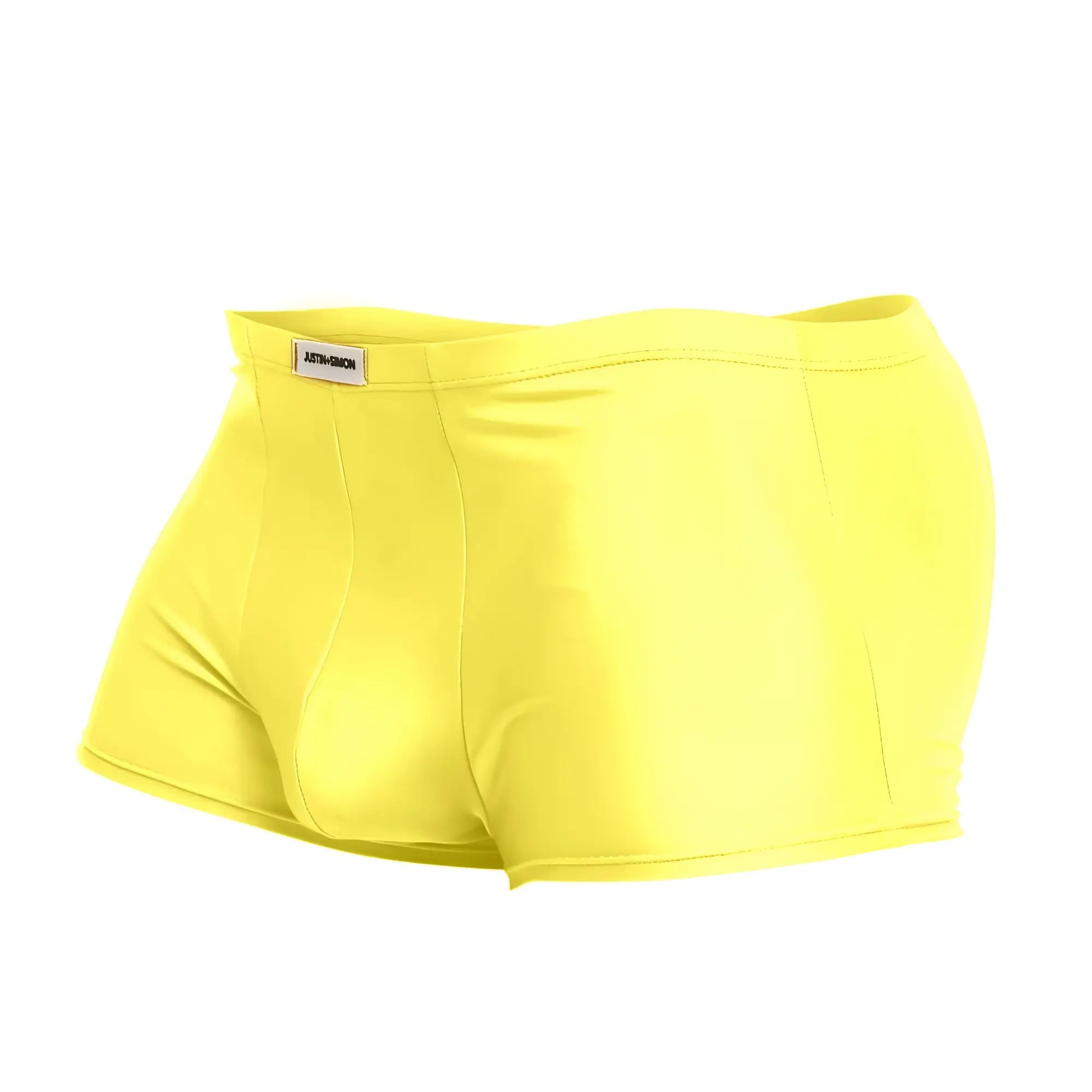Justin Simon XSJ08 classic trunks in bright yellow with sleek-fitting smooth stretchy fabric and subtle waistband brand tag
