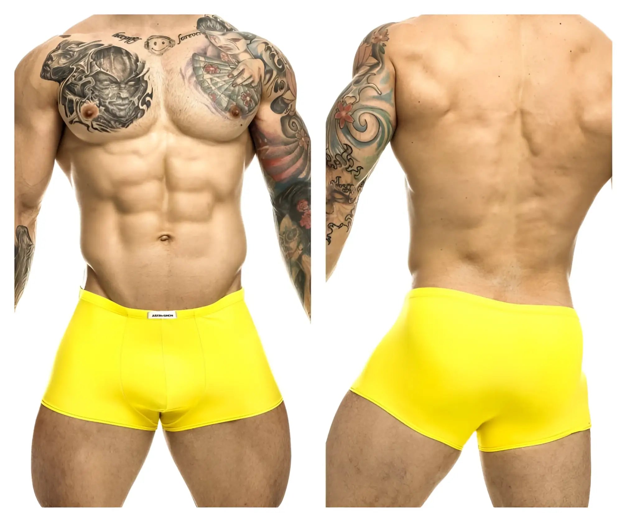 Bright yellow form-fitting men’s briefs with a white brand tag at the waistband from justin simon xsj08 classic trunks