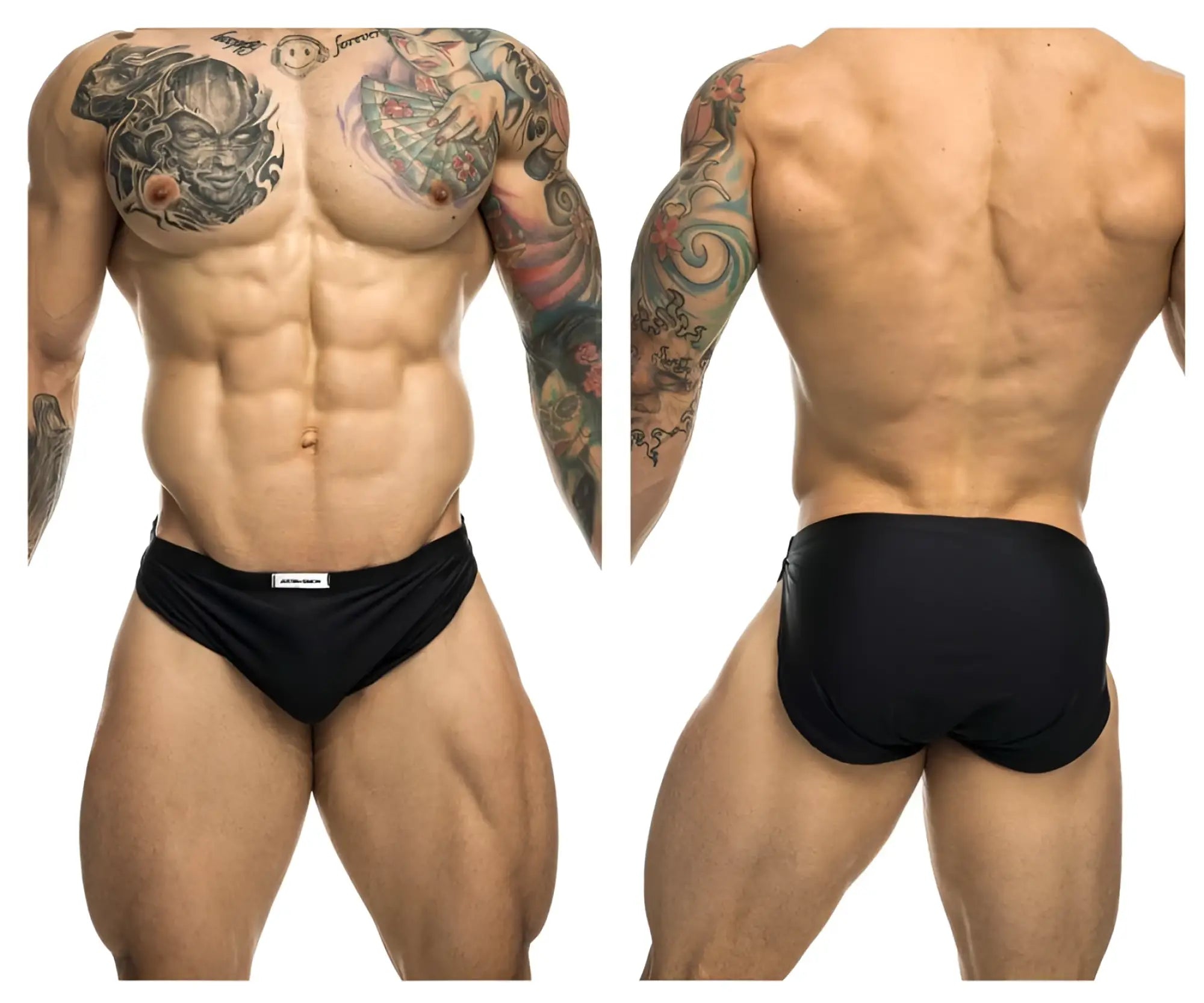 Black justin simon xsj09 running shorts with a small white waistband label designed for athletic use