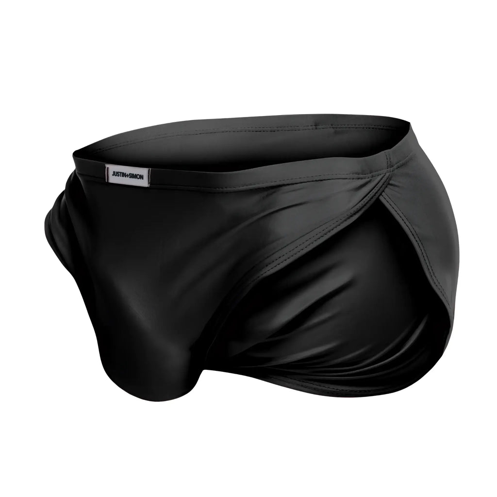 Black satin-like justin simon xsj09 running briefs with sleek form-fitting design and subtle brand tag at waistband